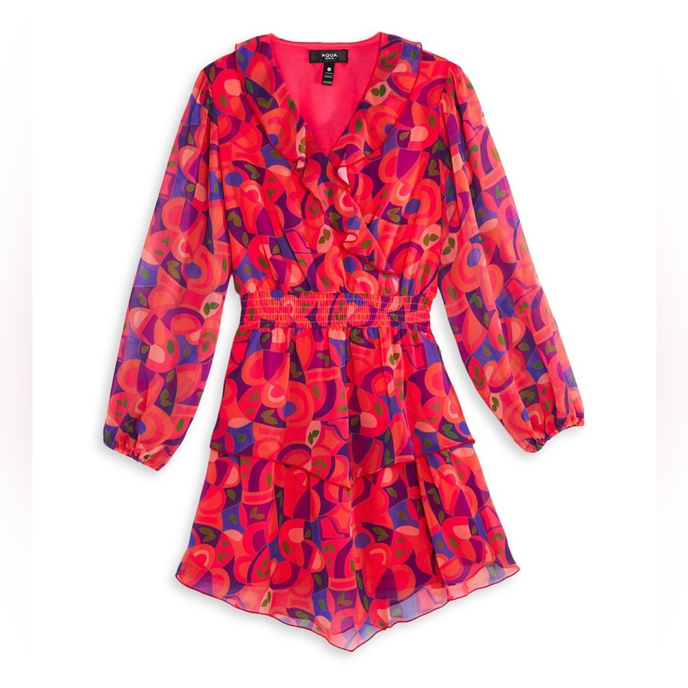 AQUA Girls Abstract Printed Wrap Dress Size Small (7/8)